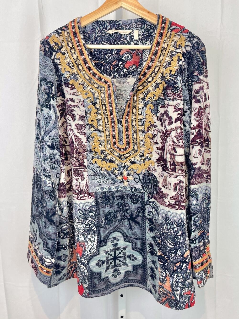 SOFT SURROUNDINGS Velvet Venetian Blouse 2DR92 Long Sleeve Top Multi Blue Size L